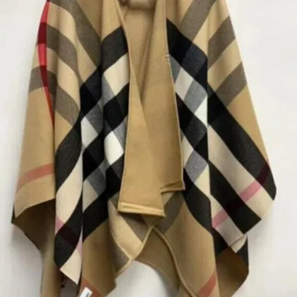 Burberry Women’s Charlotte Reversible Solid Check Wool Cape Camel - Picture 1 of 7